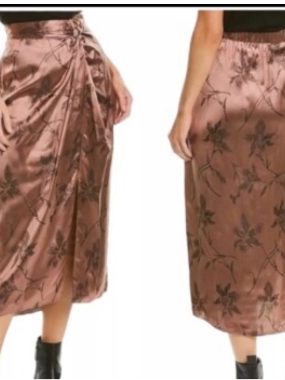 Vince Rose-Brown Satin Floral Midi Skirt